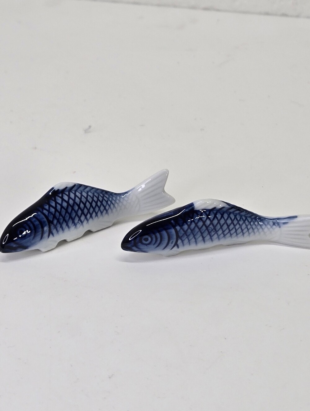 2 Vintage Japanese Ceramic Fish Chopstick Rests Blue & White Porcelain MC Set